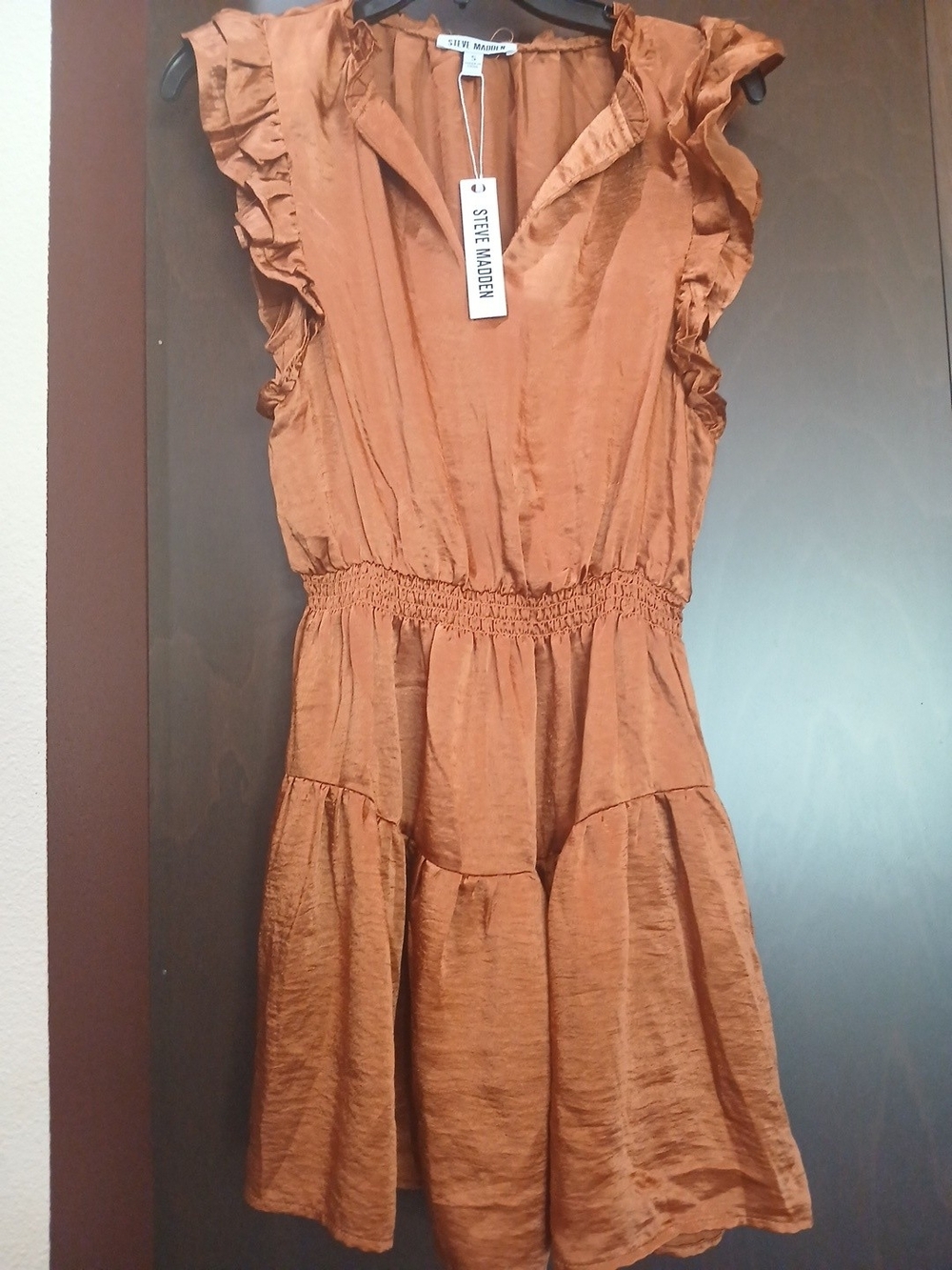 Steve Madden Rust Orange Ruffle-Sleeve Tiered Dress